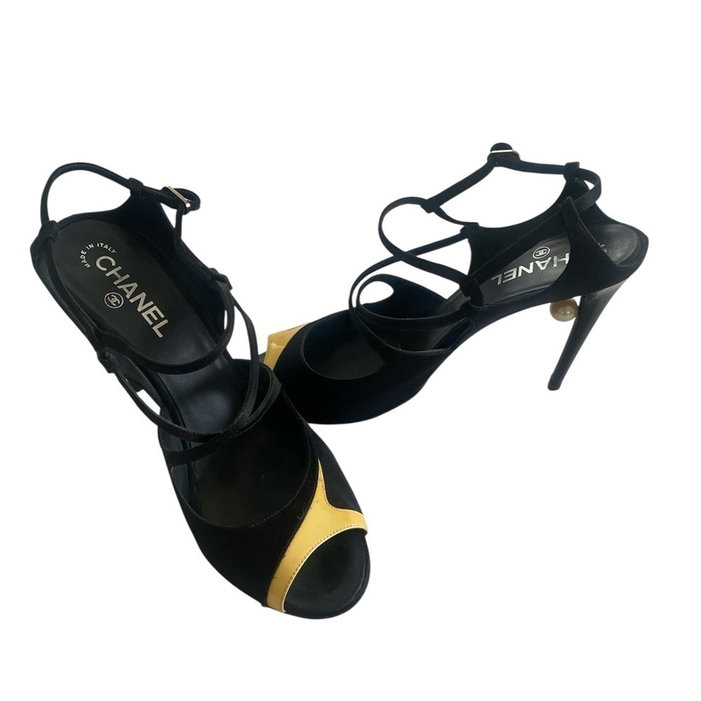 Authentic CHANEL Pearl Heel Strappy Sandals - Black & Yellow - Size 41